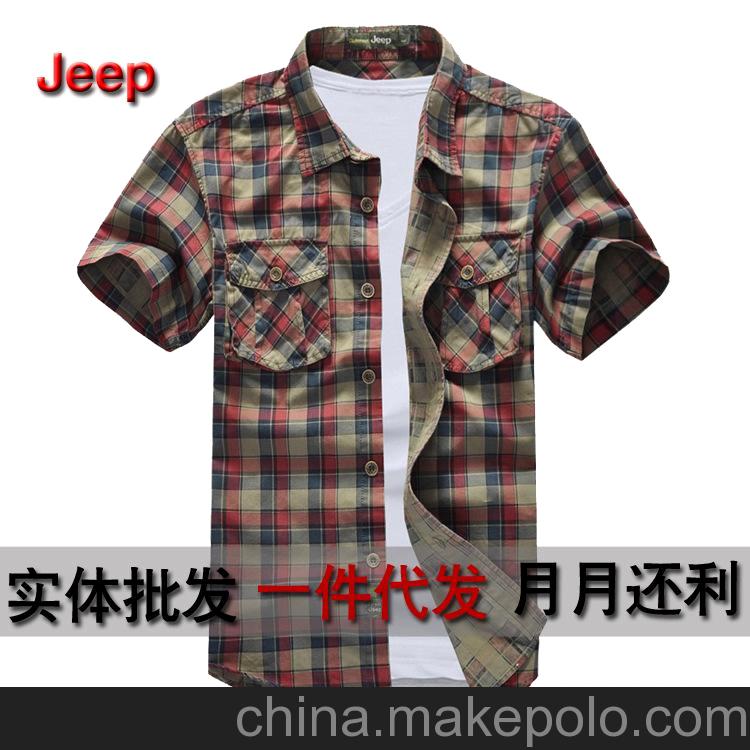 jeep 吉普 純棉 短袖襯衫 男 休閑格子襯衫 吉普男裝一件代發