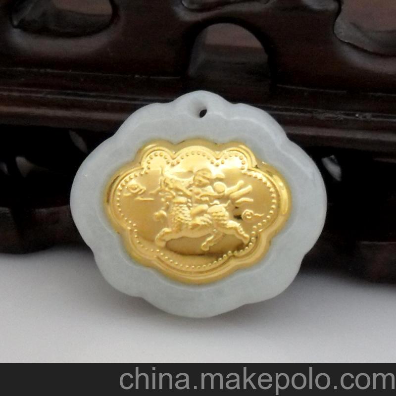 聰明伶俐999千足金鑲嵌A貨翡翠吊墜/純金鑲玉麒麟辟邪/寶寶鎖項鏈