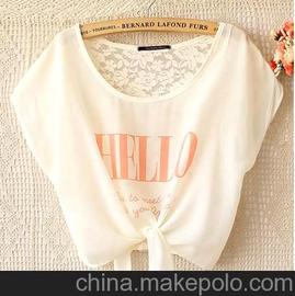 550#2013夏装新款女装韩版圆领袖系带字母印花蕾丝雪纺罩衫