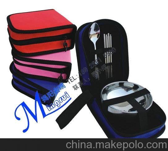 不銹鋼雙層碗批發(fā)，揭陽五金 碗勺筷三件套，皮包餐具高檔禮品圖片