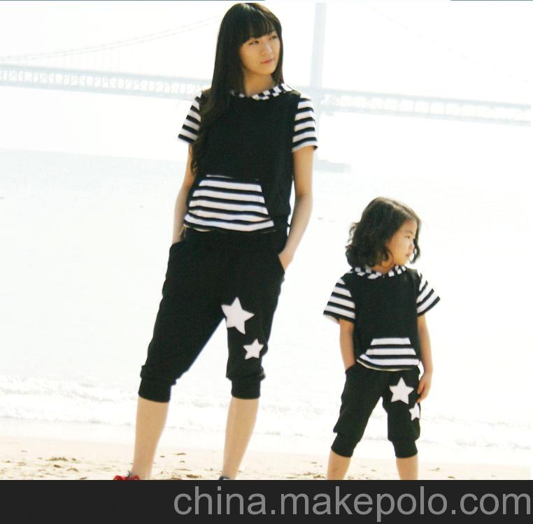 2012夏裝新款韓版條紋連帽休閑親子裝母子套裝母女裙裝
