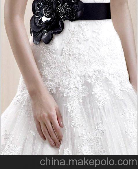廣州婚紗廠批發定做Enzoani 抹胸黑色腰帶法國蕾絲婚紗  YS320