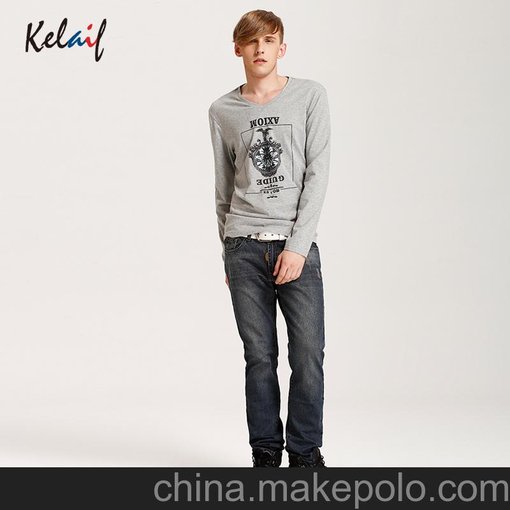 KELAIF/卡萊芙流行男裝個(gè)性潮流印花V領(lǐng)長(cháng)袖男t恤英倫風(fēng)批發(fā)加盟圖片