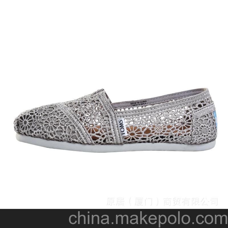假一罰萬(wàn) Top toms 正品 鏤空蕾絲鉤花韓版帆布鞋淺口女鞋灰色