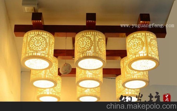 供應中式陶瓷吸頂燈 酒店客廳 裝修燈 木藝青花陶瓷燈圖片